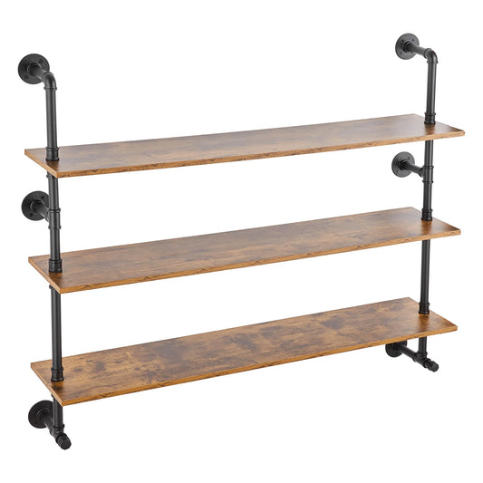 SucceBuy Industrial Pipe Shelf Wall-Mount Floating Rustic Wood Shelves Bracket Storage Rack Sundries Holder for Kitchen Bedroom