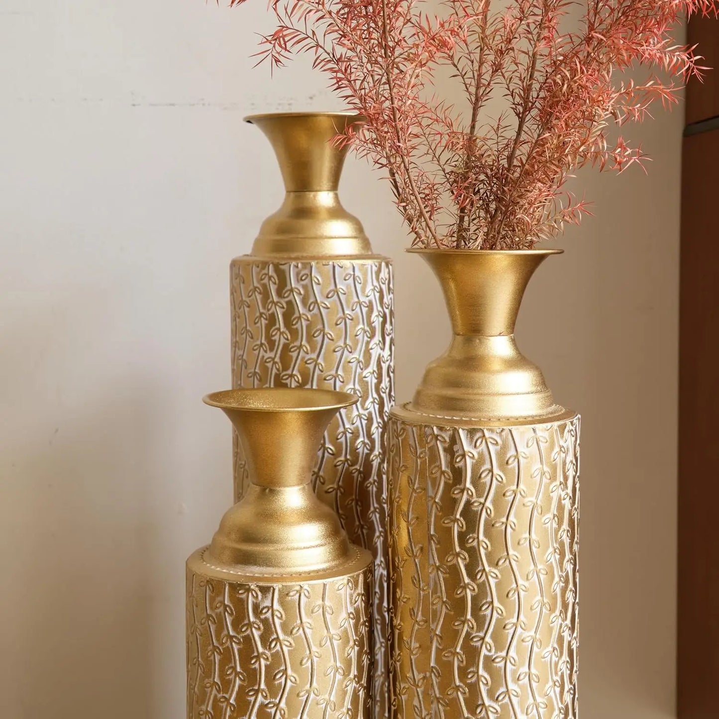 Gold Metal Vase Set of 3, Metallic Centerpiece Decorative Vases with Twigs Dried Flowers for Home Living Room32" H, 28" H, 24" H