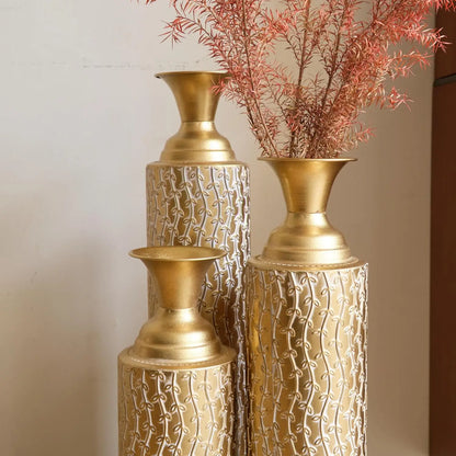 Gold Metal Vase Set of 3, Metallic Centerpiece Decorative Vases with Twigs Dried Flowers for Home Living Room32" H, 28" H, 24" H