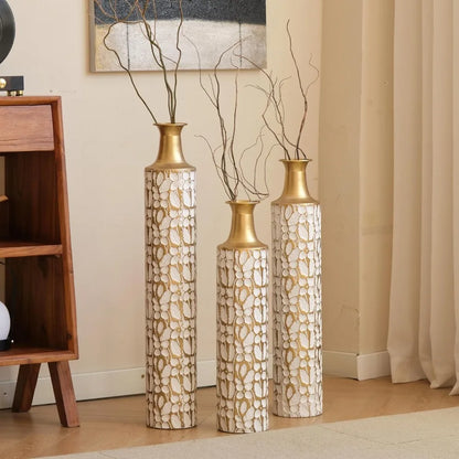 Gold Metal Vase Set of 3, Metallic Centerpiece Decorative Vases with Twigs Dried Flowers for Home Living Room32" H, 28" H, 24" H