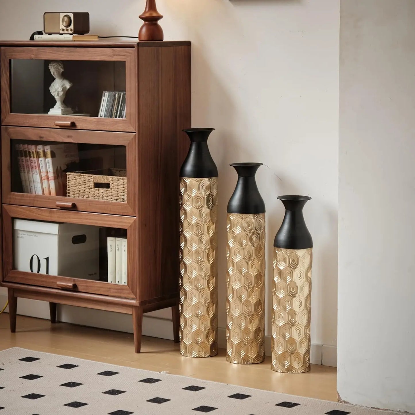 Gold Metal Vase Set of 3, Metallic Centerpiece Decorative Vases with Twigs Dried Flowers for Home Living Room32" H, 28" H, 24" H