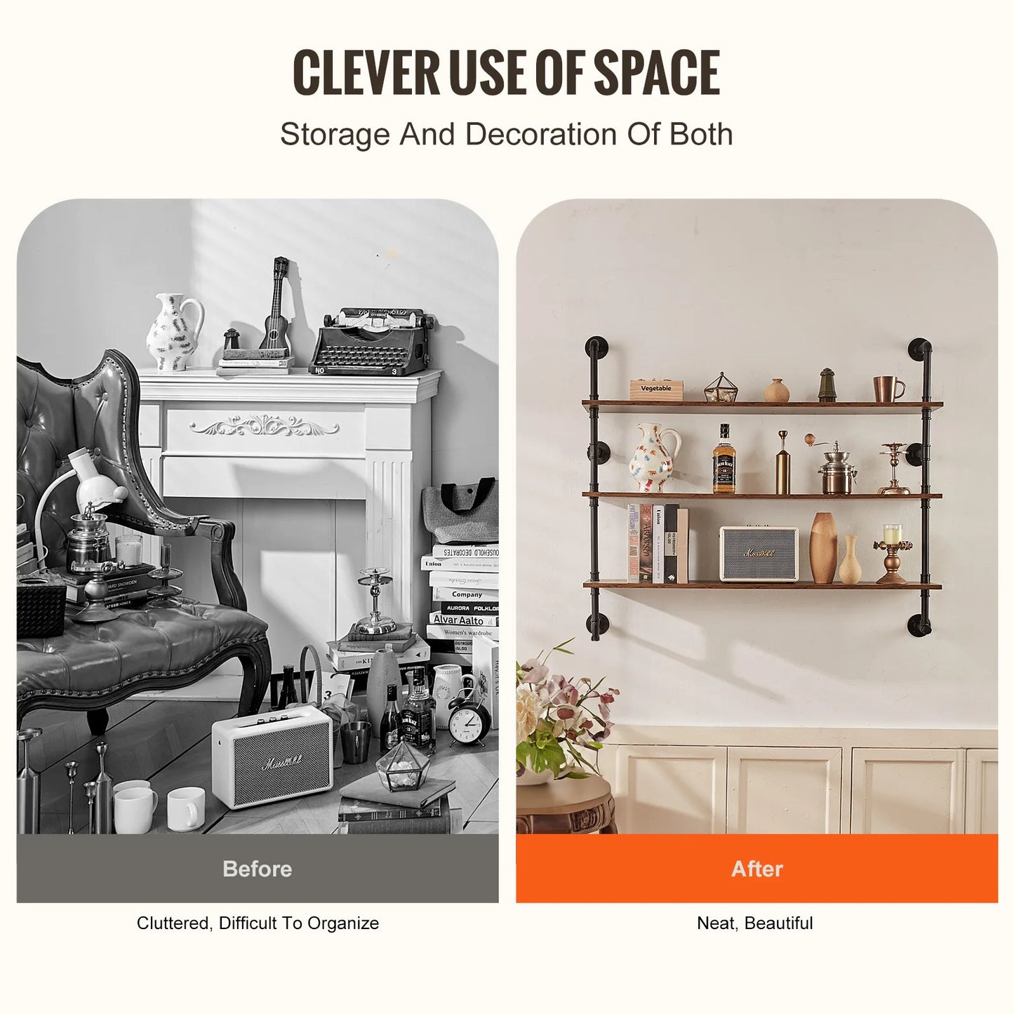 SucceBuy Industrial Pipe Shelf Wall-Mount Floating Rustic Wood Shelves Bracket Storage Rack Sundries Holder for Kitchen Bedroom