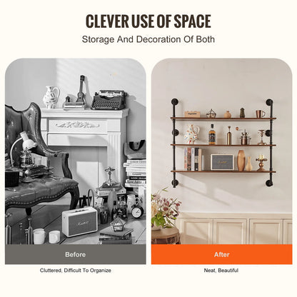 SucceBuy Industrial Pipe Shelf Wall-Mount Floating Rustic Wood Shelves Bracket Storage Rack Sundries Holder for Kitchen Bedroom