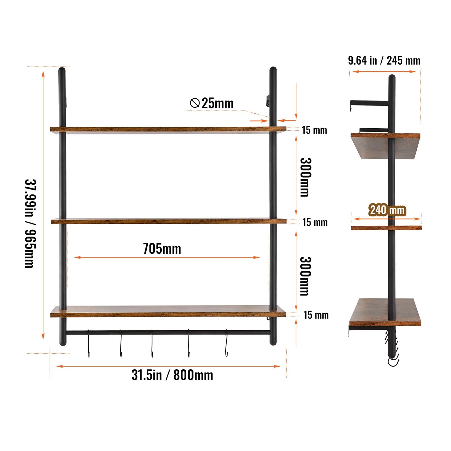 SucceBuy Industrial Pipe Shelf Wall-Mount Floating Rustic Wood Shelves Bracket Storage Rack Sundries Holder for Kitchen Bedroom