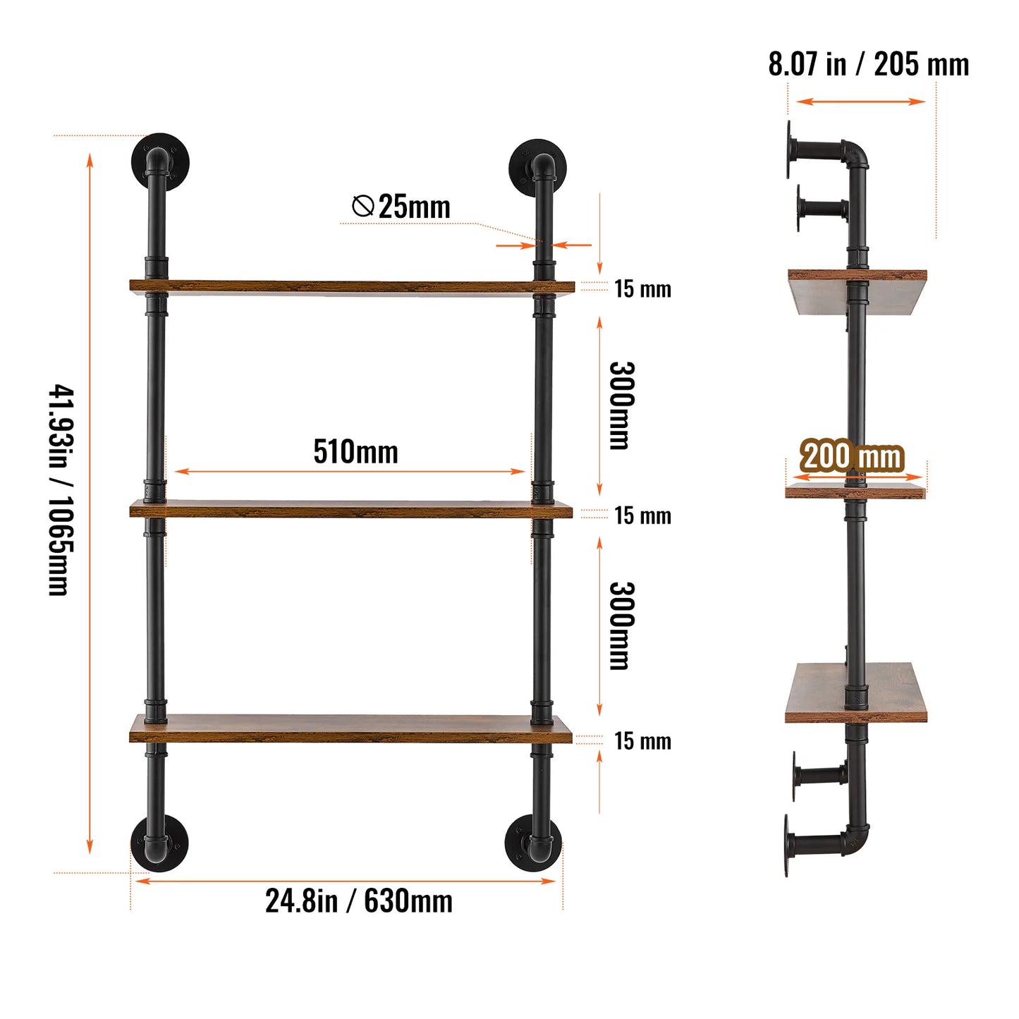 SucceBuy Industrial Pipe Shelf Wall-Mount Floating Rustic Wood Shelves Bracket Storage Rack Sundries Holder for Kitchen Bedroom