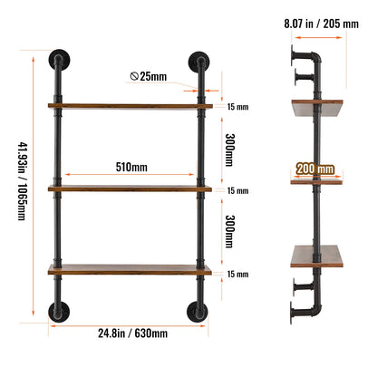 SucceBuy Industrial Pipe Shelf Wall-Mount Floating Rustic Wood Shelves Bracket Storage Rack Sundries Holder for Kitchen Bedroom