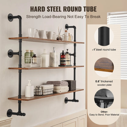 SucceBuy Industrial Pipe Shelf Wall-Mount Floating Rustic Wood Shelves Bracket Storage Rack Sundries Holder for Kitchen Bedroom