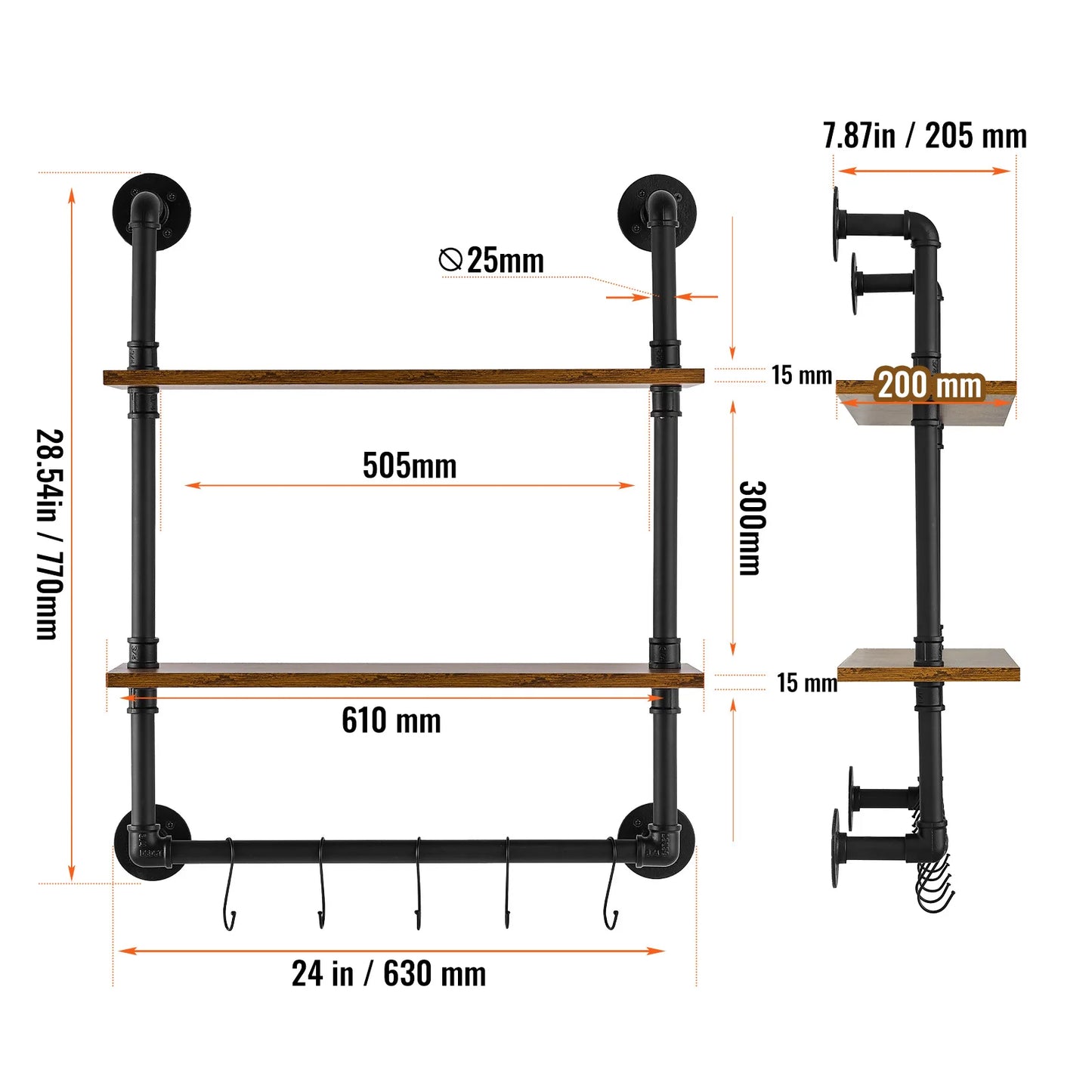 SucceBuy Industrial Pipe Shelf Wall-Mount Floating Rustic Wood Shelves Bracket Storage Rack Sundries Holder for Kitchen Bedroom