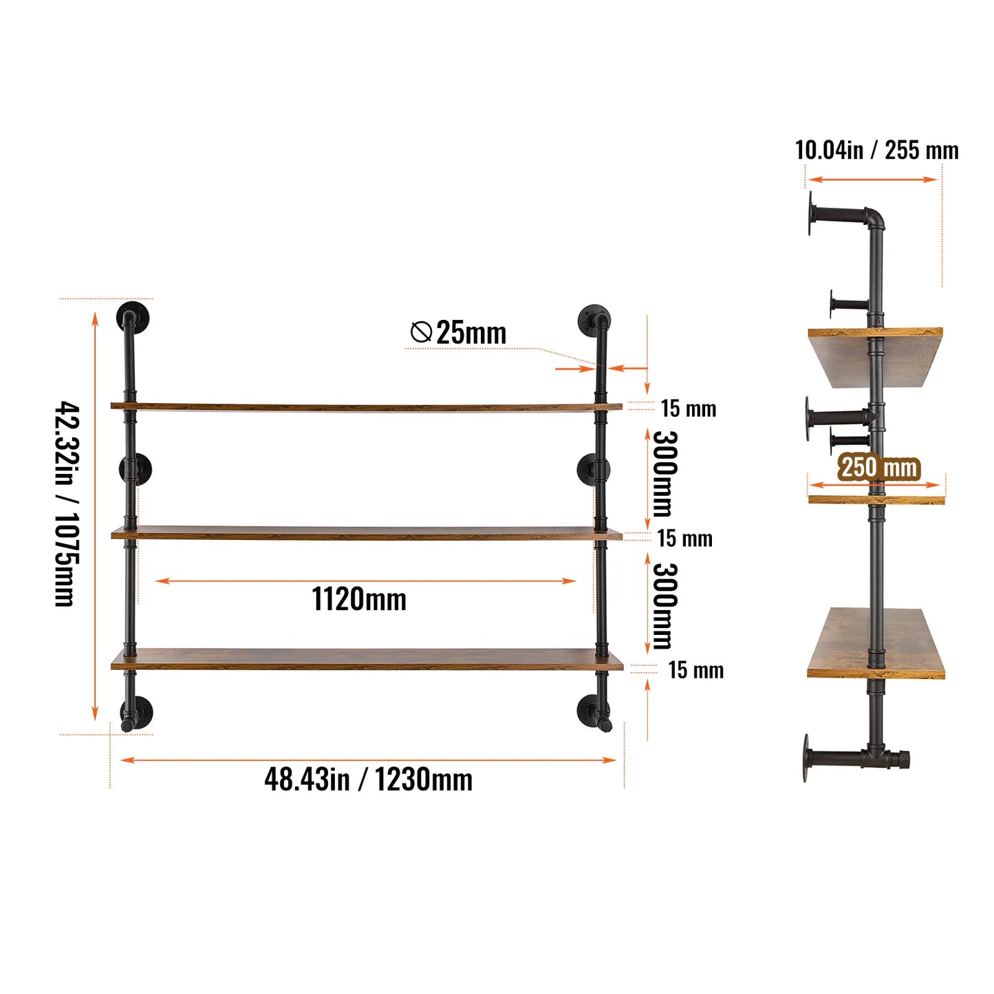 SucceBuy Industrial Pipe Shelf Wall-Mount Floating Rustic Wood Shelves Bracket Storage Rack Sundries Holder for Kitchen Bedroom