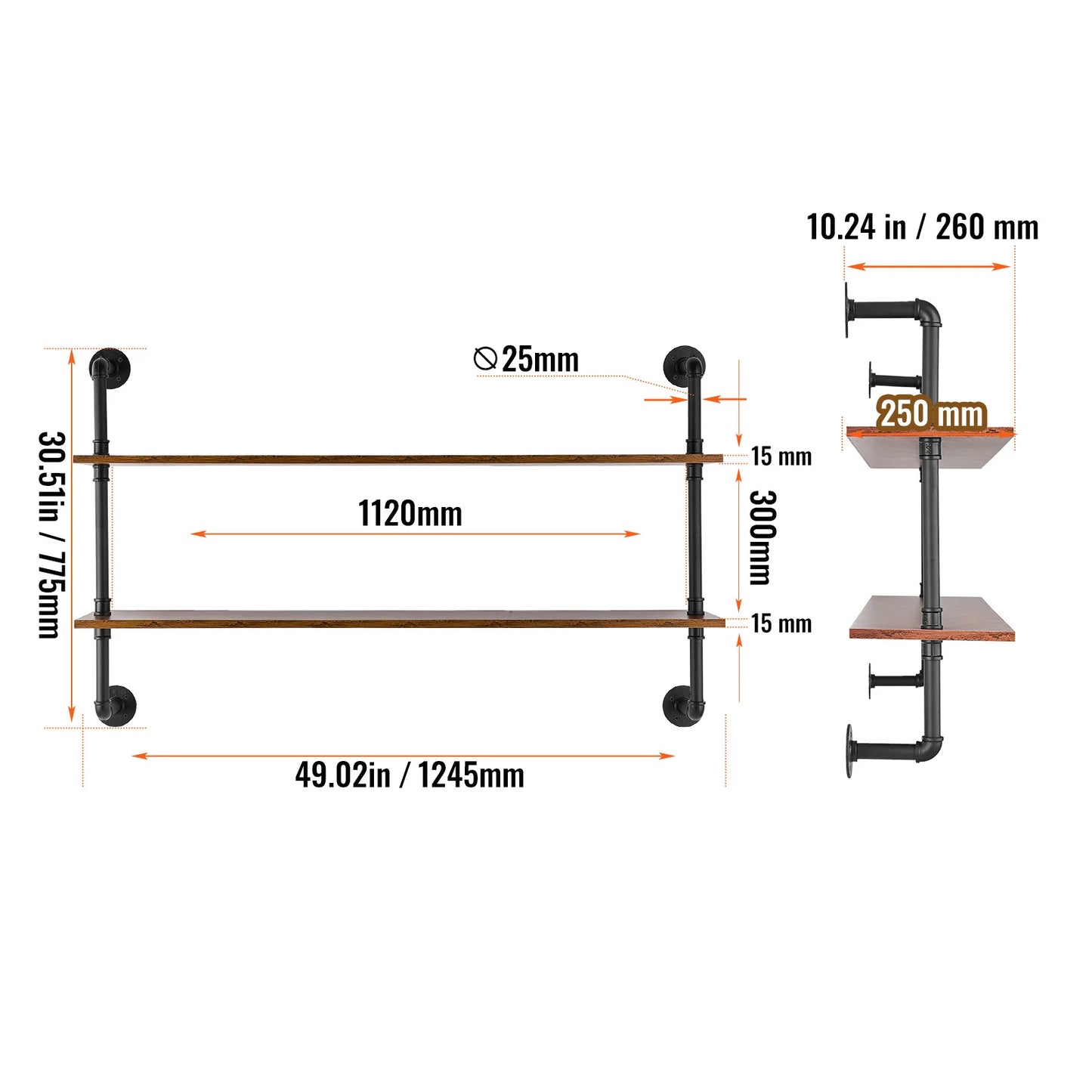 SucceBuy Industrial Pipe Shelf Wall-Mount Floating Rustic Wood Shelves Bracket Storage Rack Sundries Holder for Kitchen Bedroom