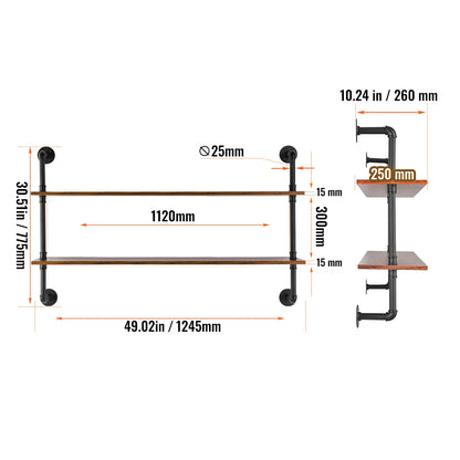 SucceBuy Industrial Pipe Shelf Wall-Mount Floating Rustic Wood Shelves Bracket Storage Rack Sundries Holder for Kitchen Bedroom